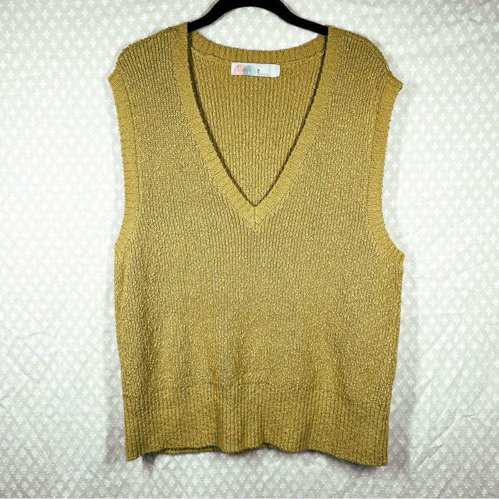 Free People Beach Green Yellow Knit Penny V Neck Sweater Vest‎ - Picture 2 of 5